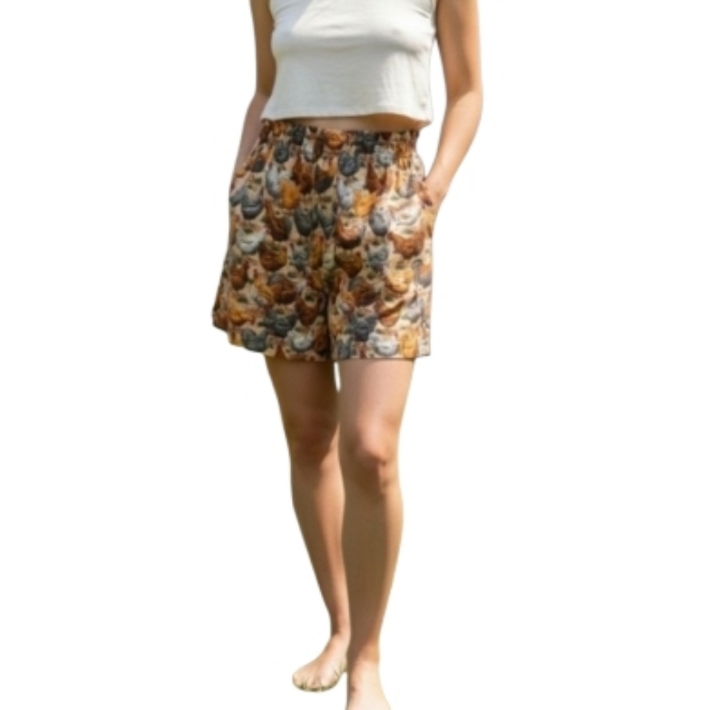 Handmade Cottagecore Rooster Print High Waist Cotton Shorts M Brown Orange